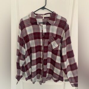 Plaid Button-Up Shirt in Burgundy, Pink, White and Blue.